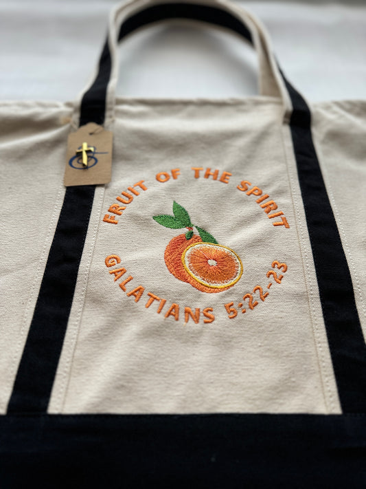 The Fruit of the Spirit Orange Embroidered Tote Bag | Galatians 5:22-23