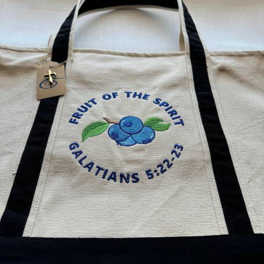 The Fruit of the Spirit Blueberry Embroidered Tote Bag | Galatians 5:22-23