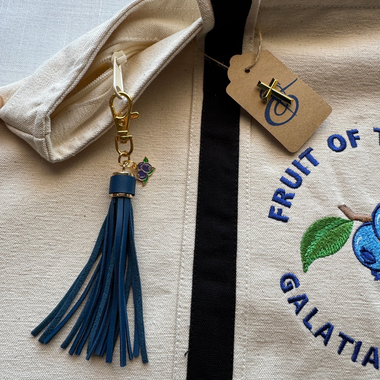 The Fruit of the Spirit Blueberry Embroidered Tote Bag | Galatians 5:22-23