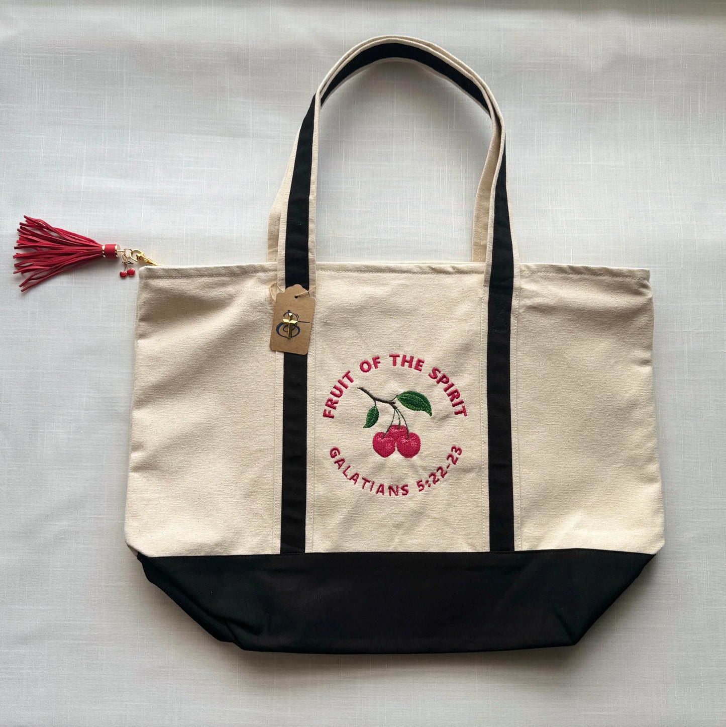 The Fruit of the Spirit Cherry Embroidered Tote Bag | Galatians 5:22-23