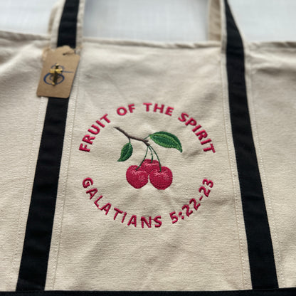 The Fruit of the Spirit Cherry Embroidered Tote Bag | Galatians 5:22-23