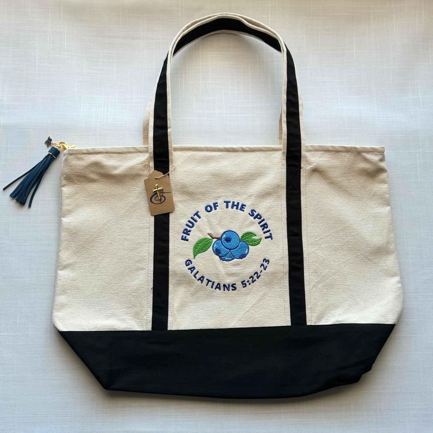 The Fruit of the Spirit Blueberry Embroidered Tote Bag | Galatians 5:22-23