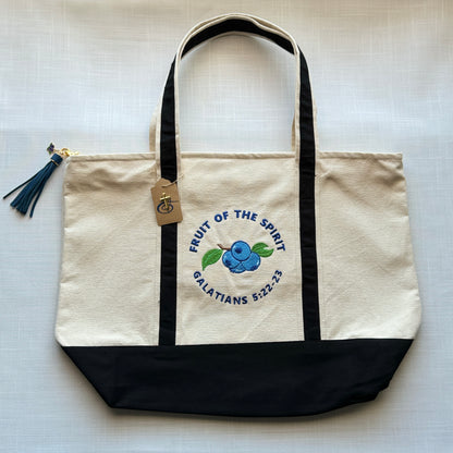 The Fruit of the Spirit Blueberry Embroidered Tote Bag | Galatians 5:22-23