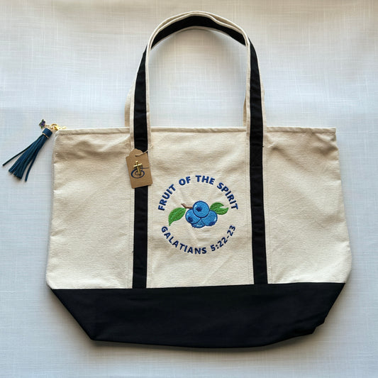 The Fruit of the Spirit Blueberry Embroidered Tote Bag | Galatians 5:22-23