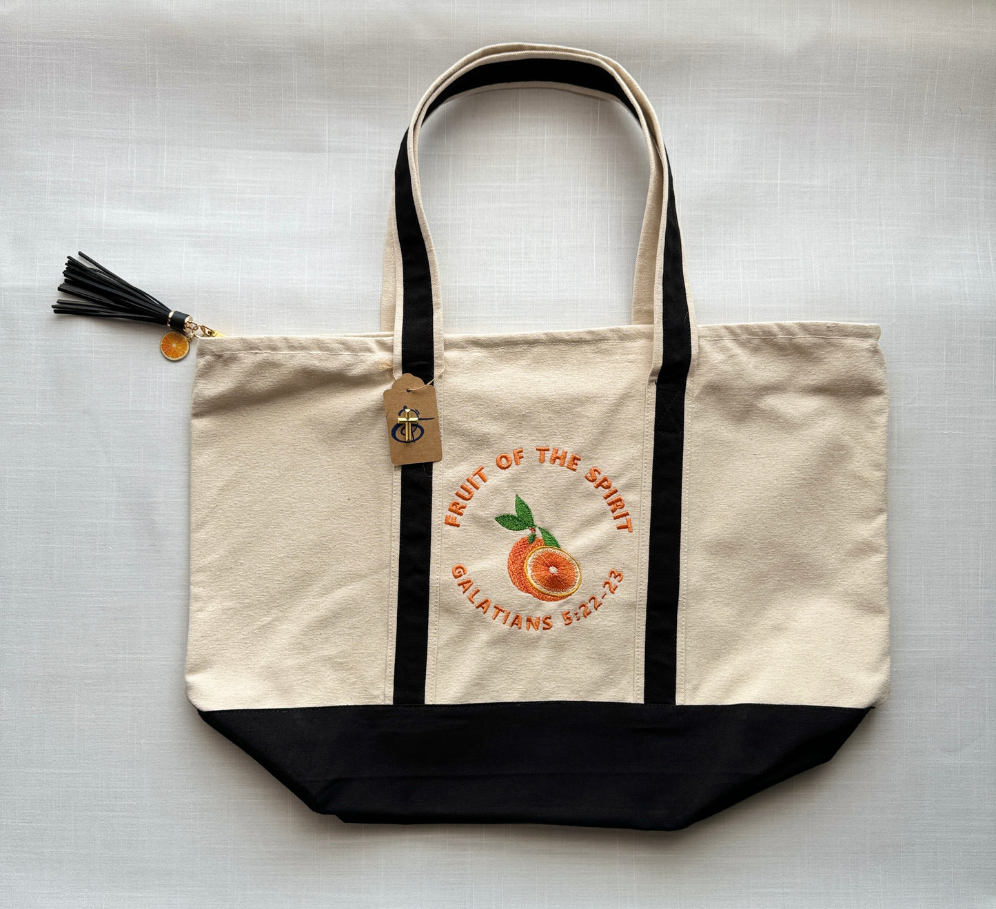 The Fruit of the Spirit Orange Embroidered Tote Bag | Galatians 5:22-23