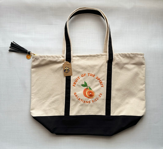 The Fruit of the Spirit Orange Embroidered Tote Bag | Galatians 5:22-23